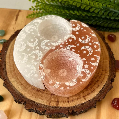 Porta-Vela de Selenita Branca e Laranja - Yin e Yang