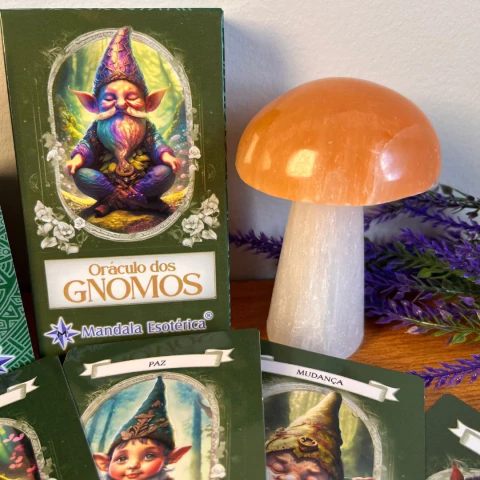 Kit Oráculo dos Gnomos com Cogumelo de Selenita Branca e Laranja 10cm