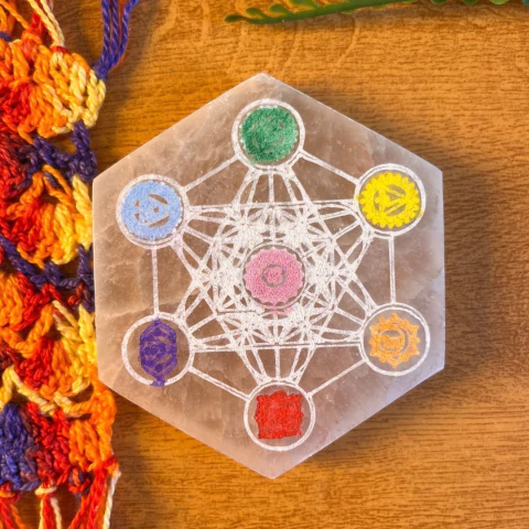 Placa de Selenita Metatron com Símbolos dos Chakras 10cm