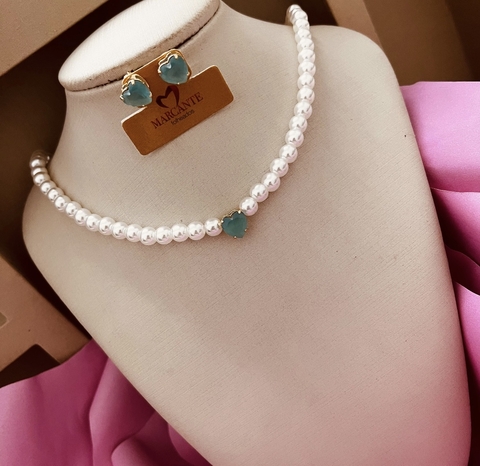 Conjunto pérola com coração pedra - verde claro