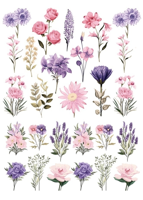 Decalque Hidro Transfer - Flores Lilás e Rosa