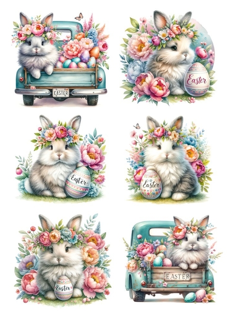 Decalque Hidro Transfer - Páscoa Coelhos Flores - comprar online
