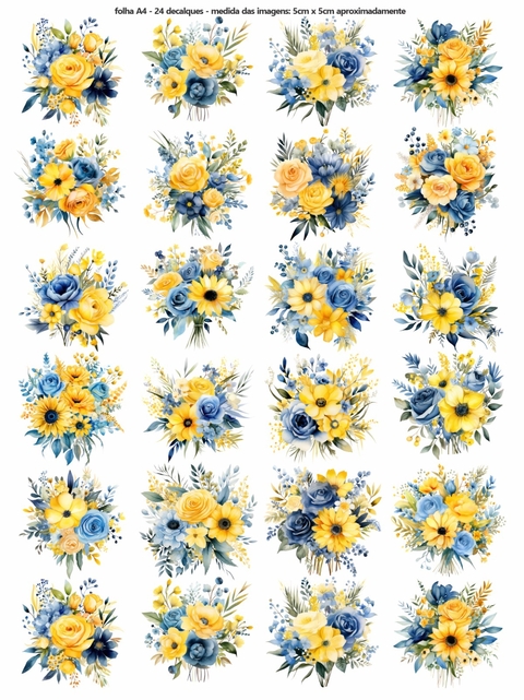Decalque Hidro Transfer folha A4 - Flores Amarelo Azul e P - comprar online