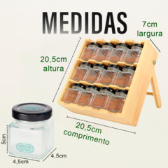 Porta Temperos com 12 Frascos Transparentes + Suporte de Bambu Organizador de Condimentos na cozinha - Sorelle Artes