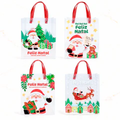 Kit Sacolas PVC Natalinas Papai Noel 20x15x7 para Presente Transparente Fosca