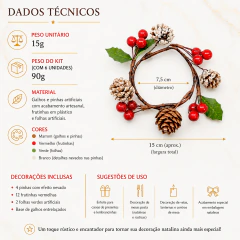 Kit 6 Anéis Porta Guardanapos Natalinos Pinhas Frutas Vermelhas Mesa Posta Natal