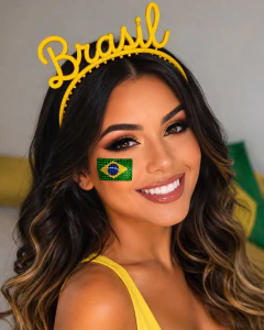 Kit Torcedora Brasil Tiara 3D Com Nome Brasil + Adesivo Strass Bandeira Do Brasil na internet