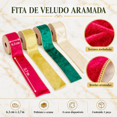 Kit Fita de Veludo Aramada 6,3 cm x 2,7 m para Laços e Decoração de Natal - Sorelle Artes