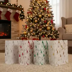 Sacola de Natal Decorada 23x18 cm com Árvores Douradas