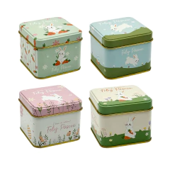 4 Caixinhas de Páscoa em Metal Decorada Coelho para Presente 8x8x6cm