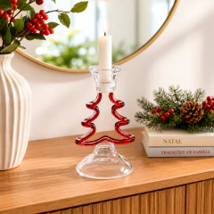 Castiçal Árvore de Natal em Vidro Decorativo Vermelho Transparente 15X8