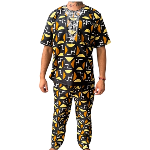 Conjunto de Ankara Africano Bata E Calça Masculino