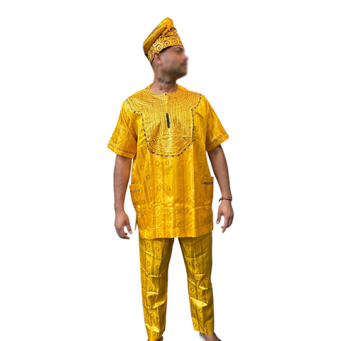 Conjunto Africano Luxo Masculino 3 Pçs Bordado Fila, Bata e Calça