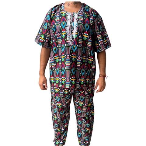 Conjunto Africano de Ankara Bata E Calça Masculino