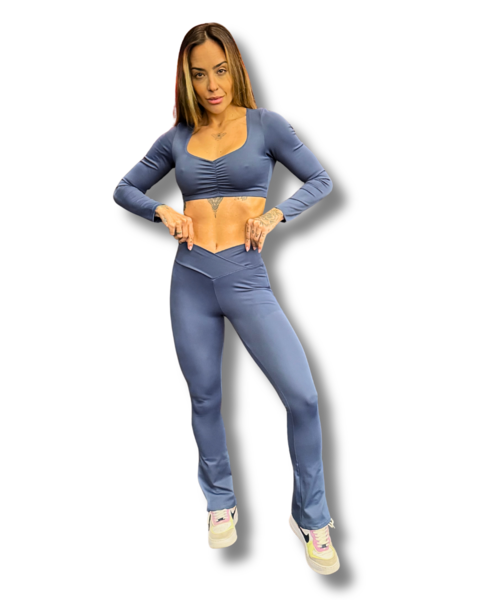 Calça Flare Fitness Cintura V Alta Modeladora Azul Petróleo – Não Transparece e Estilo Garantido