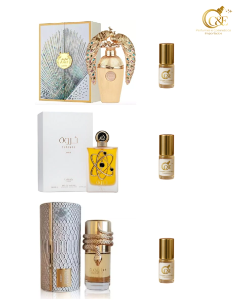 Combo potente Composto por 3 fracionado de 5ml de cada perfume . 5 ml musaman white 5ml Afeef 5ml Tharwah gold Combo poderoso