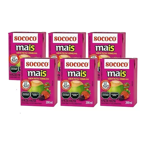 Pack 6 Agua De Coco Sococo Sabor Frutos Rojos Tetra Brik x200cc Origen Brasil