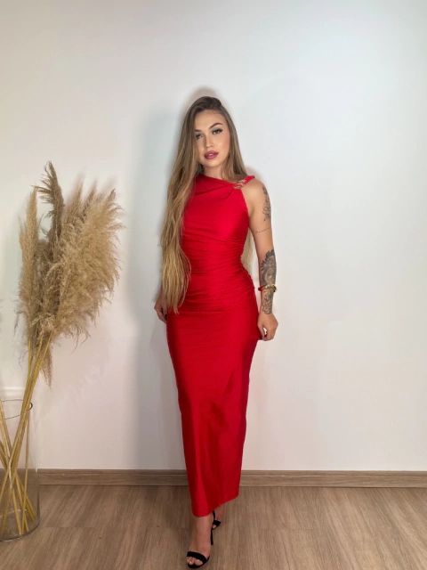 Vestido vermelho costas nuas e drapeado lateral