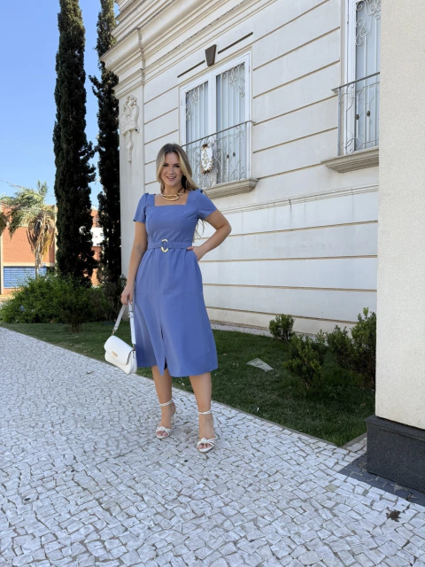 Vestido Vera Midi Decote Reto e Manga Bufante | Thays Balla - comprar online