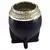 Mate torpedo de calabaza forrado en cuero negro labrado con patrón floral y virola lisa plateada, vista frontal.