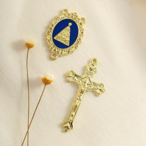 Kit Nossa Senhora Aparecida Pintada | 10 Entremeios e 10 Crucifixos Jerusalém Para Terço - comprar online