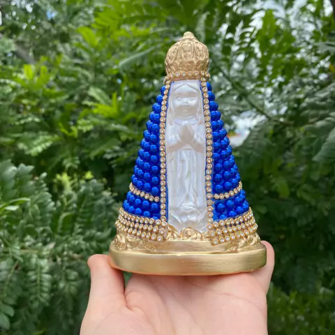 Kit 4 Nossa Senhora Aparecida Baby 14cm Pérola Azul com Strass Luxo / Lembrança Batizado