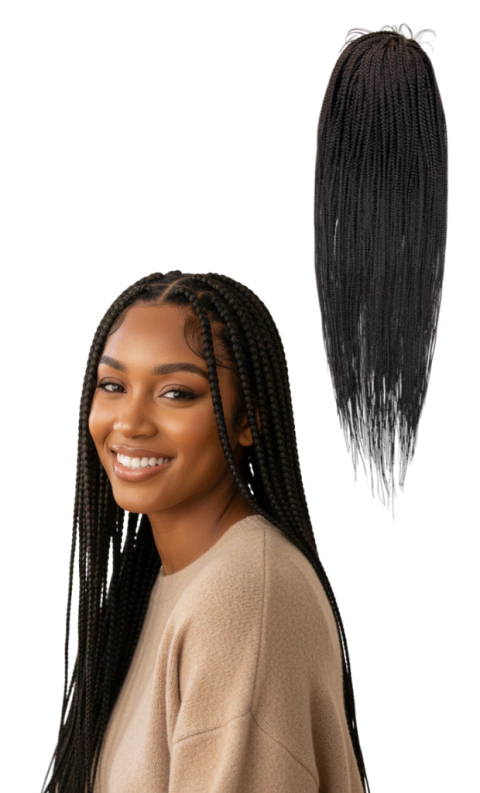 Mulher sorridente usando peruca slim trançada com baby hair sintética, ao lado peruca trançada longa exibida isolada