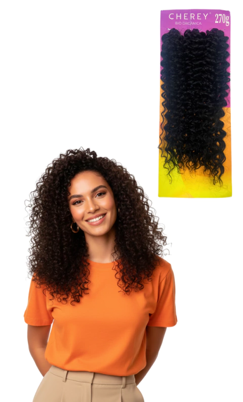 Cabelo bio orgânico cacheado Marshmallow 55 cm em embalagem e mulher sorridente com cabelo cacheado estilizado