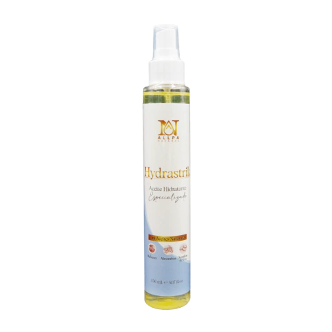 Botella de aceite hidratante Hydrastrik para eliminar celulitis y estrías con ingredientes naturales