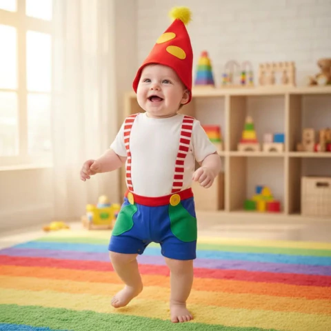 Macacão Curto Fantasia Bebê Palhaço com Chapéu