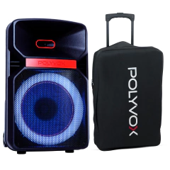 Caixa amplificada Polyvox XC-812 com luzes e case de transporte.