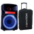 Caixa amplificada Polyvox XC-812 com luzes e case de transporte.
