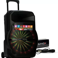 Caixa de som amplificada Polyvox XC-715 TWS Bluetooth 700W com microfone com fio, modelo portátil com alça e rodas, luzes LED coloridas no alto-falante