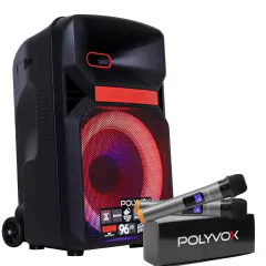 Caixa de som amplificada Polyvox XC-812T com 600W e dois microfones sem fio.