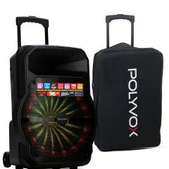 Caixa amplificada Polyvox XC-715T preta com luzes LED coloridas e case de transporte preto com alça retrátil