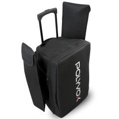Case acolchoada Polyvox para transporte de caixa de som e acessórios, com alça de rodinhas.