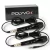 Dois microfones dinâmicos profissionais pretos com fio da marca Polyvox, com cabos conectados, ao lado de uma caixa do produto.