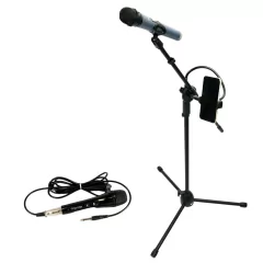Kit com pedestal tripé para microfone, suporte para celular e microfone dinâmico com fio da marca Polyvox