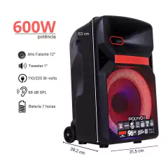 Caixa amplificada Polyvox Xc-812TWS Bluetooth com woofer de 12 polegadas, potência de 600 watts, bateria de 7 horas, rodas para transporte e iluminação LED colorida