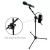 Kit par de microfone sem fio com pedestais e suporte para celular, mostrando ajuste de altura e ângulo.