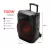 Caixa de som amplificada Polyvox XC-715T com woofer de 15" e potência de 700W. Possui bateria de 10 horas e conectividade Bluetooth.