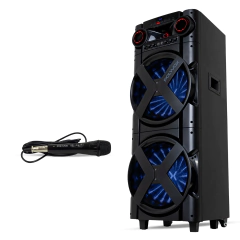 Combo torre de som amplificada Polyvox TWS XT-2000T com microfone com fio cabo de 3m, destacando os detalhes dos alto-falantes e o design moderno.