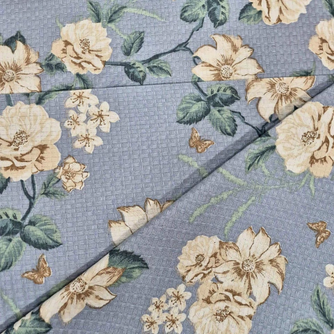 TECIDO FUSTÃO PIQUET - AZUL COM FLORES BEGE - comprar online