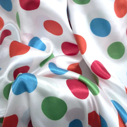 TECIDO CETIM ESTAMPADO - POÁ COLORIDO GRANDE / FUNDO BRANCO - comprar online