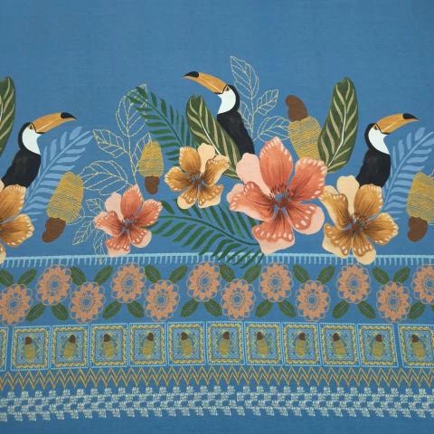 TECIDO VISCOSE ESTAMPADA DIGITAL - TUCANOS E FLORES FUNDO AZUL - comprar online