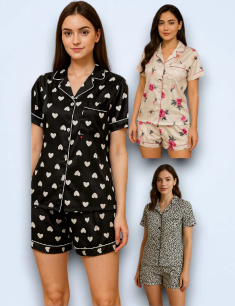 PIJAMA DAMA SATEN SPANDEX ESTAMPADO ABOTONADO (PV3) - comprar online