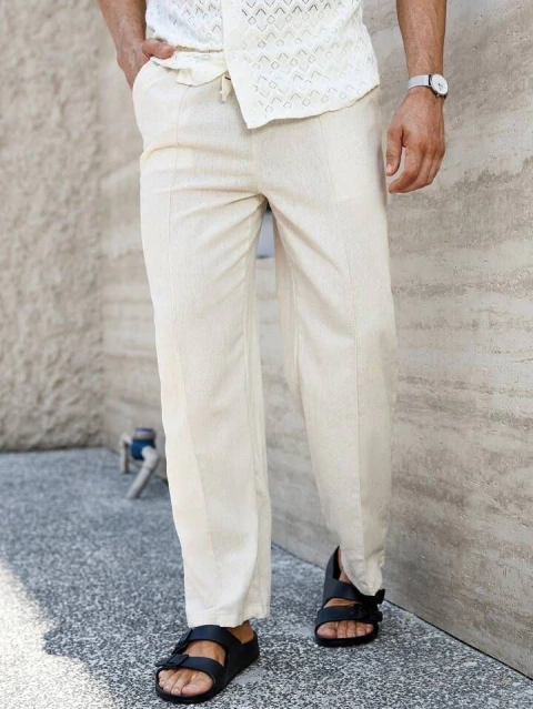 Calça Linho Leve Bege Masculina Praia Cordão Ajustável Premium Alta Qualidade