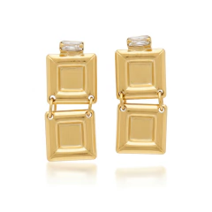 Brinco Duplo Quadrados Ponto de Luz Banho Dourado