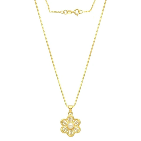 Colar Com Flor Funda e Perola Banho Dourado