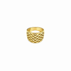 Anel Tamanho 17 Design Xadrez Vazado Banho Dourado